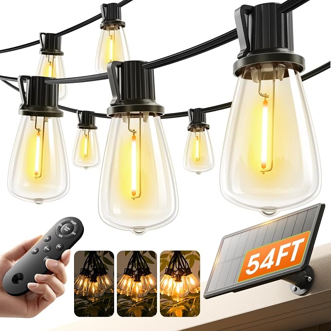 KYY 54FT Solar String Lights Outdoor Waterproof with USB Charging & Remote, Dimmable & Timable, Solar Powered Patio Lights with LED Shatterproof Bulbs for Deck Backyard Porch Garden Camping