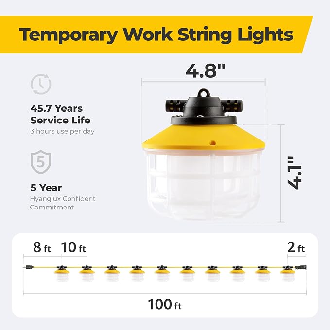 100FT 150W 3Prong Bright ETL Listed LED Work Construction String Lights | Linkable Up to 6 sets, 140 LM/W, 18/3 SJTW, IP65 Waterproof, Outdoor Temporary Hanging Lighting for Jobsite Shop Crawl Space