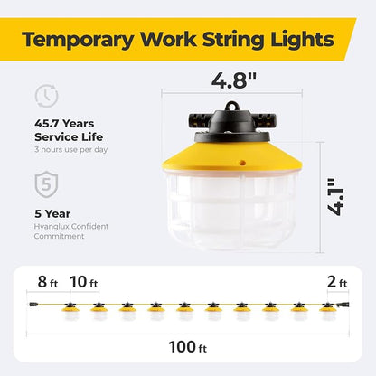 100FT 150W 3Prong Bright ETL Listed LED Work Construction String Lights | Linkable Up to 6 sets, 140 LM/W, 18/3 SJTW, IP65 Waterproof, Outdoor Temporary Hanging Lighting for Jobsite Shop Crawl Space