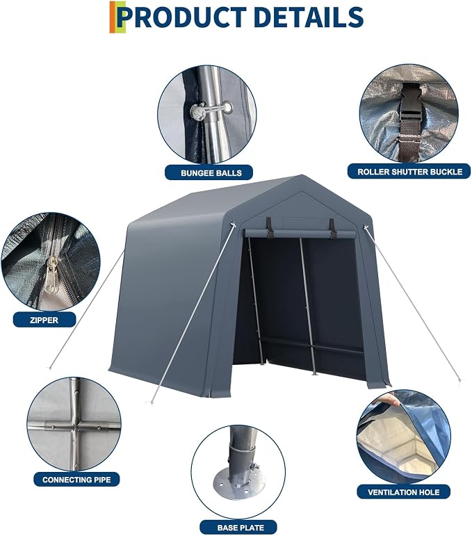 7 x 10 Ft Carport Portable Storage Shed Outdoor Tarp Sheds with Roll-Up Door, Bike Shed ATV Storage Tent for Motorcycle, Car, Garden Tools Grey