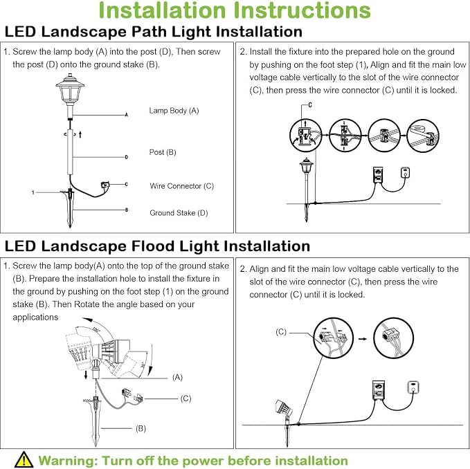 hykolity Low Voltage LED Landscape Kits, 12V-15V Pathway Flood Light Kits | 10W 390LM and 3.4W 155LM Wired for Outdoor Yard Lawn, Die-cast Aluminum, 50W and 30W Equivalent, 8 Pack