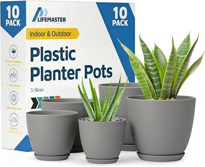 Planter Pots with Drainage Holes - Lightweight, Durable & Space-Saving Pots for Indoor and Outdoor - Versatile Functionality, Simple Modern Design, Set of 10 Plastic Planter Pots - Gray
