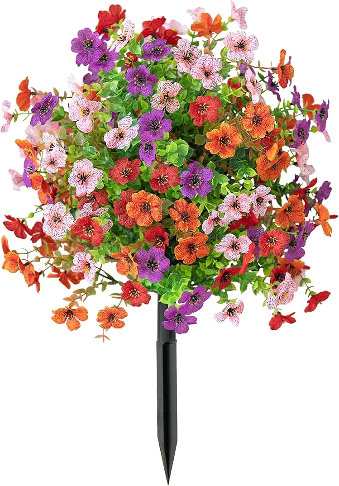 24 Inch Artificial Flower Stake Outdoor Decor - Multi-Color Garden Stakes for Yard & Lawn, No Fade Heavy Duty Plastic, All Season Decoration (Colorful)