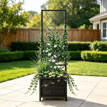 Zhongma 15.75 x 15.75 x 55 in Raised Garden Bed with Trellis,Heavy Duty Plant Box for Climbing Plants with Drainage Hole, Metal Lattice Planter Gardon Box with Inner Fabric Liners.