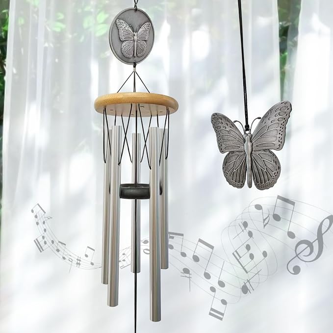 Butterfly Wind Chimes for Outside,29 "29 "Outdoor Wind Chime Butterfly Gifts for Women/Mother/Father/Christmas,Unique Windchimes Outdoors Butterfly Garden Patio Home Yard Decor(Silver)