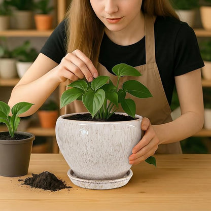 Deep Dream 8 Inch Plant Pots- Ceramic Pots for Plants with Drainage Hole and Saucer, Large Planter Pot for Indoor Plants Outdoor Decor, Beige