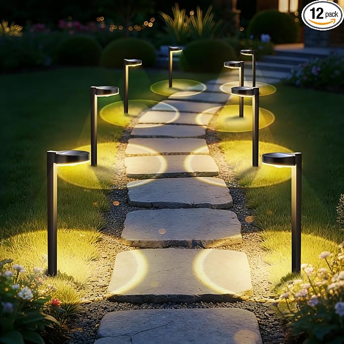 APONUO 12 Pack Solar Pathway Lights Outdoor, 3 Color Temperatures Selectable CCT, Focused Ground Spot Lens, Brighter Up to 12 Hrs IP65 Waterproof Path Lights for Walkway Driveway Yard Garden(Black)