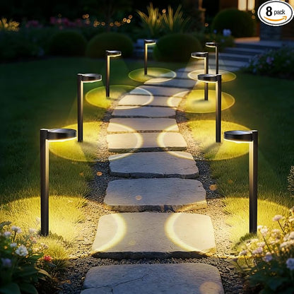 APONUO Solar Pathway Lights Outdoor, 3 Color Temperatures Selectable CCT, Focused Ground Spot Lens, Brighter Up to 12 Hrs IP65 Waterproof Path Lights for Walkway Driveway Yard Garden, Black, 8 Pack