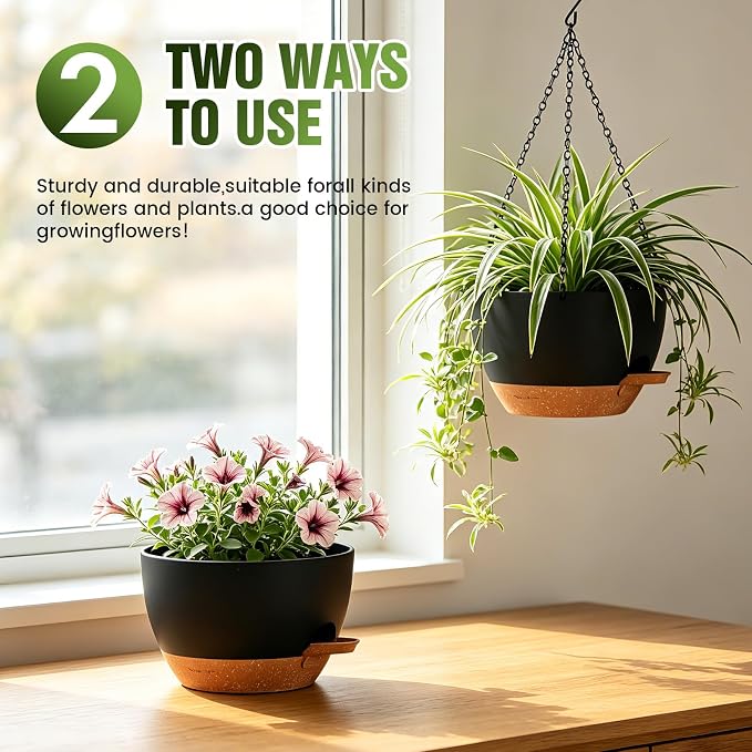 8 Inch Self Watering Hanging Planters Set of 3 with Saucers | Set of 3 8-inch self-watering hanging planters with side-fill watering ports, chain hangers & snap-on saucers