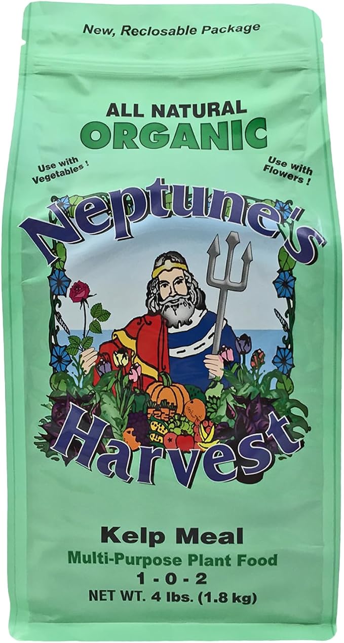 Neptune’s Harvest Organic Kelp Meal Plant Food (1-0-2) - 4 lb Resealable Bag - Multi-Purpose Seaweed Fertilizer - Indoor & Outdoor Plant Fertilizer for Lawns, Gardens, Vegetables & Bulbs