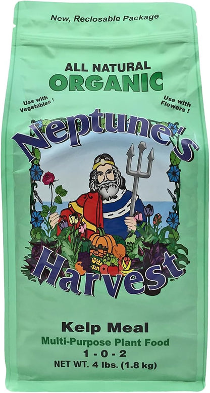 Neptune’s Harvest Organic Kelp Meal Plant Food (1-0-2) - 4 lb Resealable Bag - Multi-Purpose Seaweed Fertilizer - Indoor & Outdoor Plant Fertilizer for Lawns, Gardens, Vegetables & Bulbs