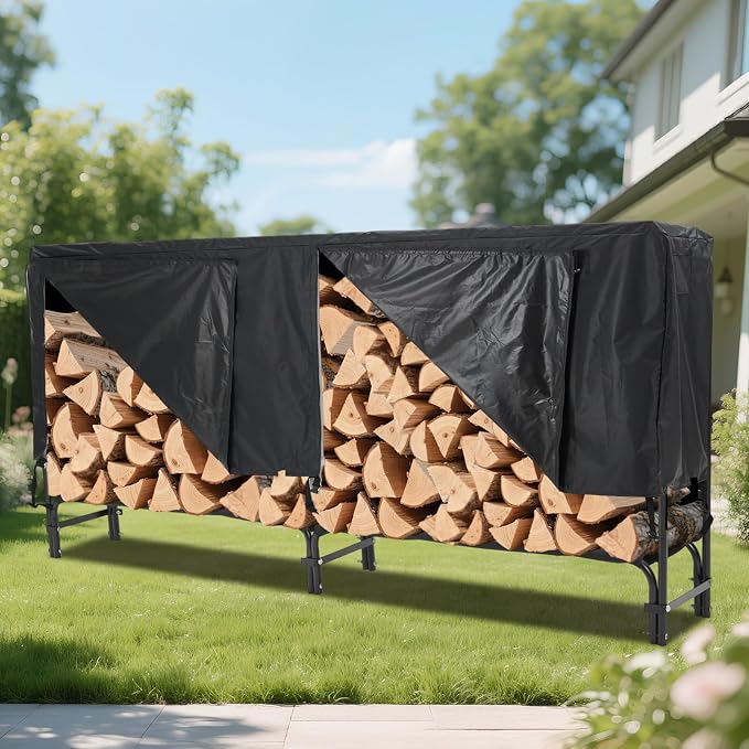 Firewood Rack with Waterproof Cover,8 Ft Outdoor Firewood Holder, Heavy Duty Log Wood Rack with Zipper,600Lb Max Weight Capacity, Full Covered, Powder-Coated Wood Storage Rack for Fireplace Deck