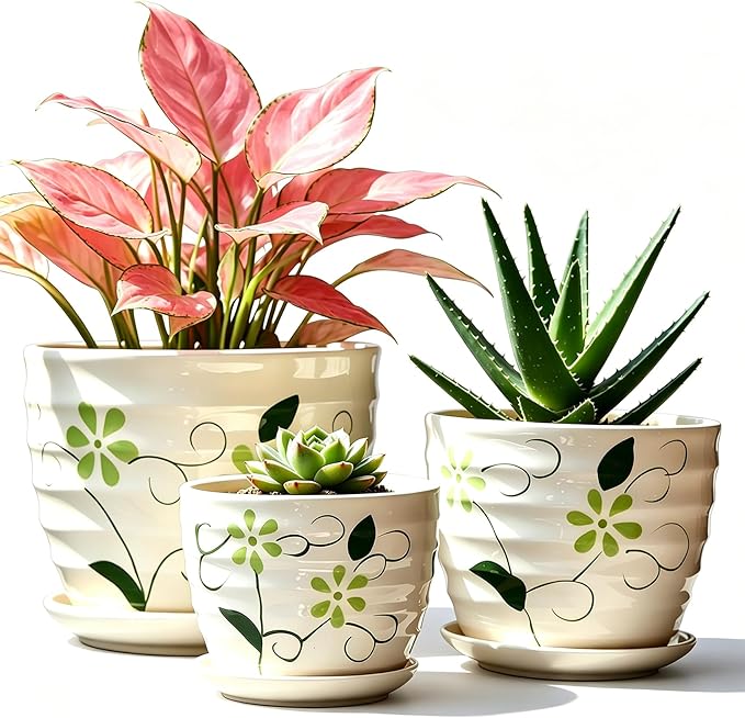 Vintage Flower Pots for Indoor Plant, Round Ceramic Plant Pots with Drainage Holes and Saucers, 6.7/5.2/3.9 Inches Retro Flower Planters Set of 3