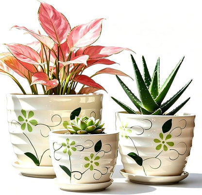 Vintage Flower Pots for Indoor Plant, Round Ceramic Plant Pots with Drainage Holes and Saucers, 6.7/5.2/3.9 Inches Retro Flower Planters Set of 3