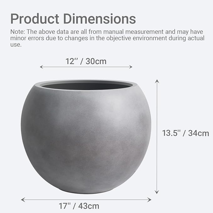 16" Diameter 12" Pot Opening Modern Round Fiberstone Planter with Drainage Hole& Rubber Plug, Indoor/Outdoor Plant Pot for Home Patio Garden, Ideal for Artificial Plants- Medium, Grey
