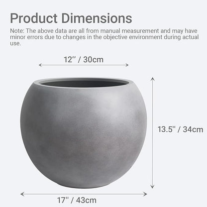 16" Diameter 12" Pot Opening Modern Round Fiberstone Planter with Drainage Hole& Rubber Plug, Indoor/Outdoor Plant Pot for Home Patio Garden, Ideal for Artificial Plants- Medium, Grey