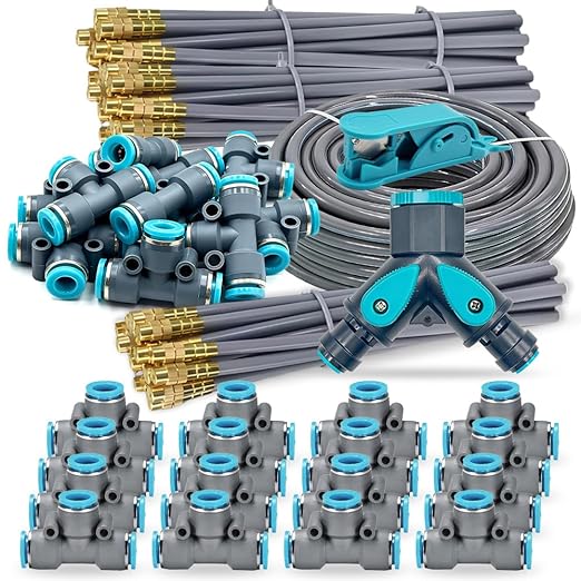 Drip Irrigation System, 100Ft 5/16 Inch Hose, 30 Adjustable Copper Nozzles, Automatic Atomizing Watering Kit for Greenhouse, Outdoor, Raised Bed, Lawn