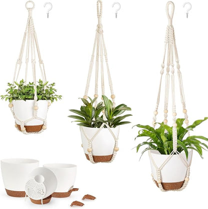 Mkono 3 Pack Hanging Planters for Indoor Plants, Macrame Hangers, 3 Sizes | Self-Watering Plant Pots, 35"/29"/23" Hanging Baskets, Boho Aesthetic, Sturdy Hooks, Outdoor Garden Use, Home Decor Accent