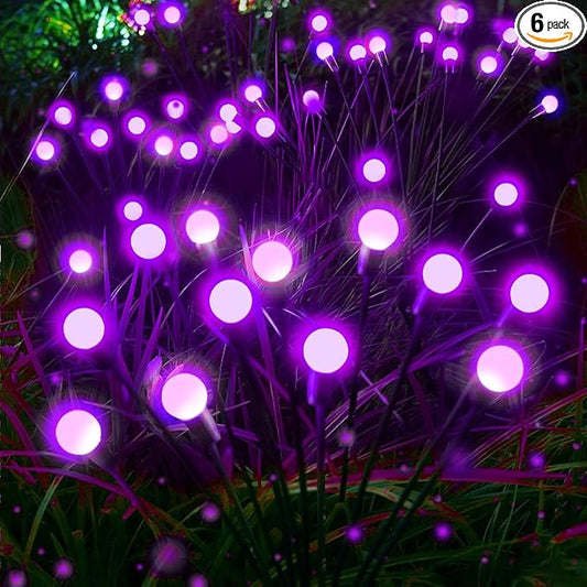 Halloween Decorations Outdoor Solar Firefly Lights 6 Pack 48 LED Purple | 2 Lighting Modes, Memory Function and Auto On/Off, Sway with Wind, Waterproof Halloween Decor for Outside Horror Party Garden