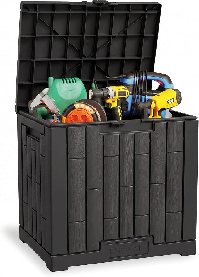 EAST OAK 31 Gallon Outdoor Storage Box, Waterproof Deck UV-Resistant Resin Bin for Patio Cushions, Garden Tools, Accessories & Package, Lockable Wind-Resistant Lid, Steel-Reinforced, Black