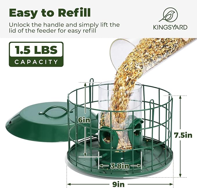 Kingsyard Tube Squirrel Proof Bird Feeders for Outdoor Hanging, Metal Caged | Rain Proof Covered, Wildbirds Finches Bluebird, 4 Feeding Ports, Green