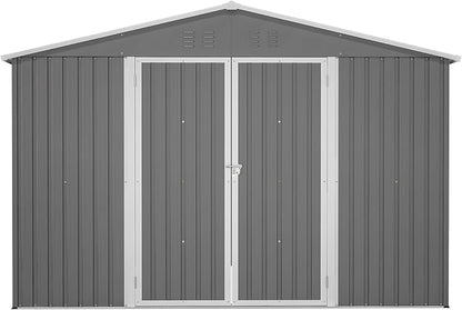 PVWIIK 10x10 FT Large Outdoor Metal Storage Shed, Heavy Duty Waterproof Steel Garden Tool Shed with Lockable Doors, Utility Storage Building for Backyard Patio Lawn Garden, Grey