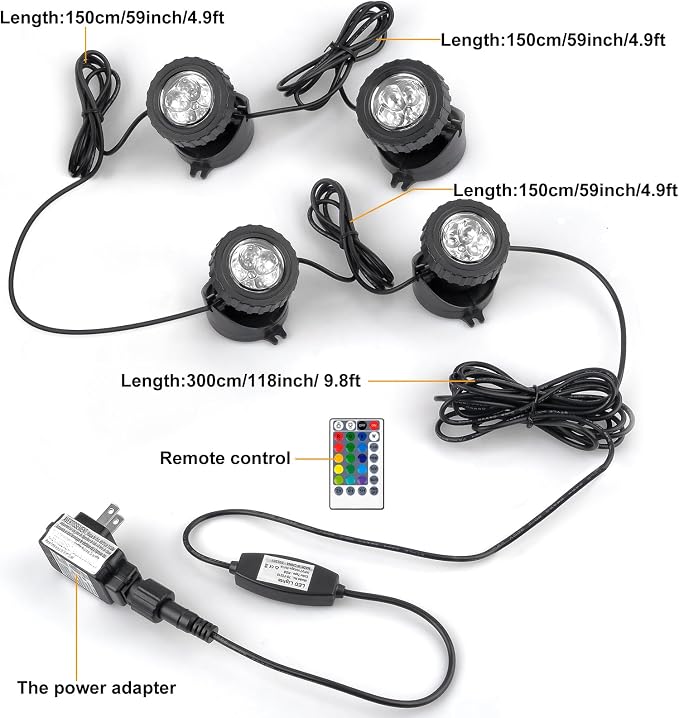 RGB Pond Lights with Timer, LED Underwater Submersible Colorful Landscape Spotlights, 98ft Remote Control IP68 Waterproof Fountain Lights for Fish Aquarium Tank Garden Yard Pool (Set of 4)