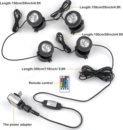 RGB Pond Lights with Timer, LED Underwater Submersible Colorful Landscape Spotlights, 98ft Remote Control IP68 Waterproof Fountain Lights for Fish Aquarium Tank Garden Yard Pool (Set of 4)