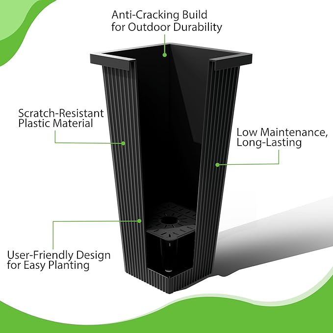 FENCY Set of 2 Tall Planters for Outdoor Plants, Black Ribbed | 24 Inch, with Drainage Hole & Trays, Plastic Tapered Pots, Weather-Resistant, Front Door Decor