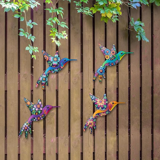 Metal Hummingbird Wall Art, 4 PCS Metal Bird Wall Hanging Decorations for Outdoor Fence Garden Yard Patio Balcony, Garden