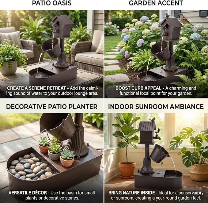 Metal Outdoor Garden Fountain 27" Soothing Water Flow | Rustproof Garden Water Features with Pumb & Debris Filter Screen, Heavy Duty Birdhouse Waterfall for Outside Patio Yard Porch