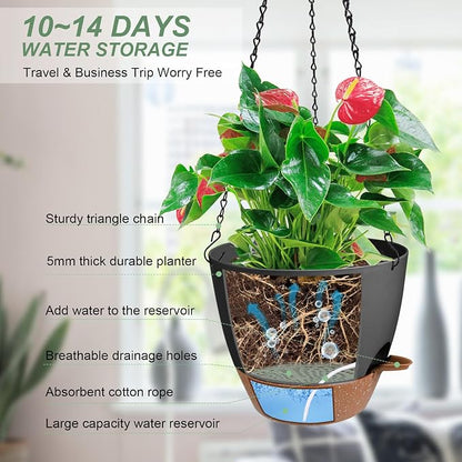 Vanslogreen Hanging Planters for Indoor Outdoor Plants, 1 Set Self Watering Hanging Pot with Drainage Holes & Removable Tray, Black, 12 Inch