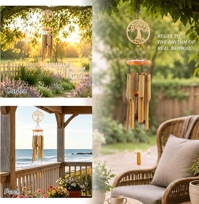 Bamboo Wind Chimes Outdoor,Tree of Life Wooden Wind Chimes for Outside with Melody Deep Tone,36" Classic Zen Garden Windchime for Relaxation, Grace.Home Décor for Patio, Garden or Indoor