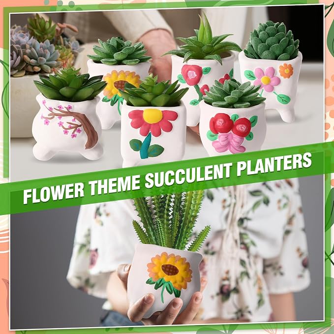 Leitee 18 Pcs Paint Your Own Ceramic Pot Bulk 3.1 in, Ready to Paint Small Pot Mini Succulent Planters Pottery Painting for Summer Classroom Craft Gift DIY Art Activity (Romantic Flowers)