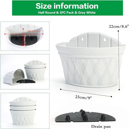 Sungmor Wall Hanging Planters,11.5 Inch Hanging Flower Pots for Railing Fence - Indoor Outdoor Balcony Wall Hanging Basket, Plastic Plant Pot Container - Half Round & 3PC Pack & Grey White