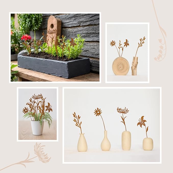 8-Piece Wildflower Metal Flower Garden Stakes | Flower Bed Accent, Pot and Patio Display, Rustic Metal Finish, Yard Art Style