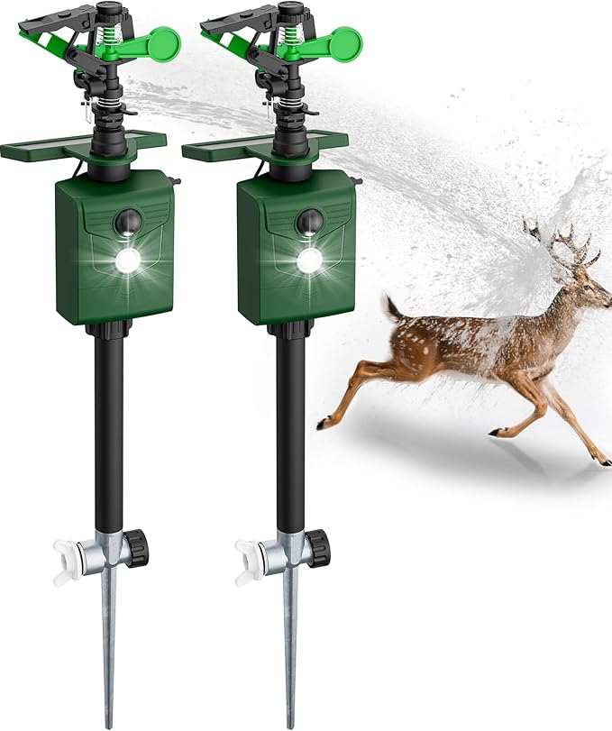 Motion-Activated Sprinkler, Solar Animal Repellent Outdoor - Deer Cat Deterrent with Motion Sensor & Flashing Lights, Protects Yard & Garden from Deer, Cats, Raccoons (2, Green)