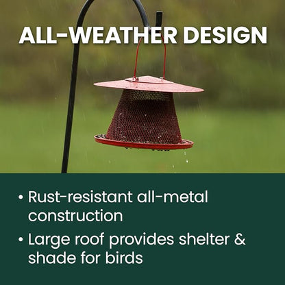 Perky-Pet Red Cardinal Wild Bird Feeder, 2.5 lb Seed Capacity | Holds Up to 15 Birds Simultaneously, Metal Hanging Feeder for Outdoors, Mesh Design, Built-In Hook & Circular Tray, C00322
