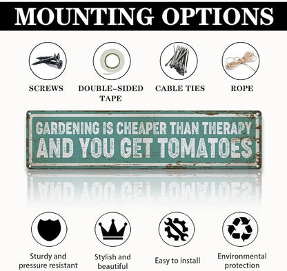 Garden Metal Tin Sign, Funny Garden Decor, Vintage Farmhouse Wall Art, Gardening Is Cheaper Than Therapy Sign, for Yard Fence Door Porch, Indoor Outdoor Gardens Decoration, 15.7 x 3.9 Inches