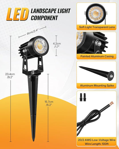 All-in-One LED Low Voltage Landscape Lighting Kit, 12-Pack Landscape Lights with Transformer, 100FT Wire and Connectors, 3000K Waterproof Outdoor Spotlights for Yard Garden Tree House W02LK06