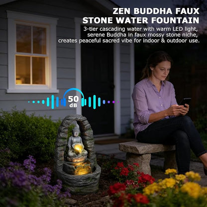 27.2" H Buddha Water Fountain Outdoor Zen Buddha Statue Outdoor Fountain with Lights, 3 Tier Waterfall Feature for Garden, Patio, Porch, Yard, Meditation Decor, Faux Stone Finish