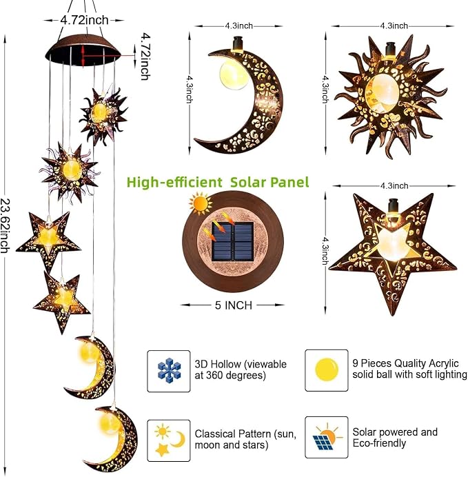 Solar Wind Chimes for Outdoor Lights Sun Moon Star for Women Mom Wife Hanging Decor Outdoor Sympathy Wind Chimes for Garden Patio Balcony Birthday Womens Gifts