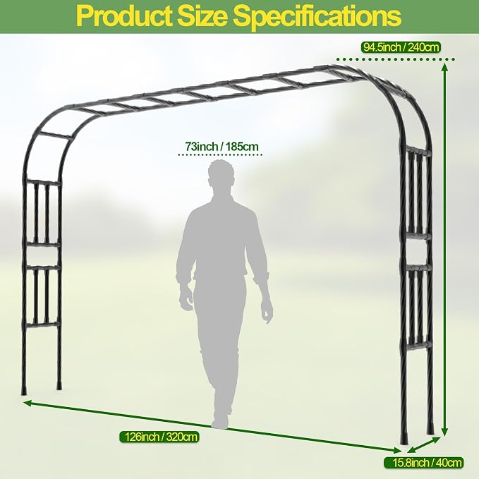 BUKLIYN Garden Arch Trellis - Length: 126in, Height: 94.5in Garden Arch Arbor Trellis for Climbing Plants Outdoor - Garden Arch for Lawn, Party, Ceremony Wedding Decoration