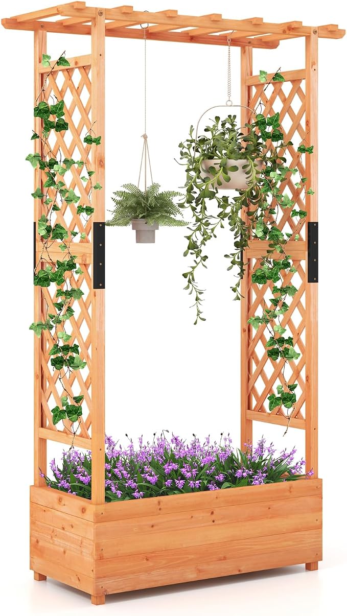 HAPPYGRILL 72" Raised Garden Bed with Trellis, Freestanding Wood Planter Box w/Hanging Roof & 2 Drainage Holes for Vine, Climbing Plants, Flowers, Outdoor Planter w/Trellis for Garden, Patio, Yard