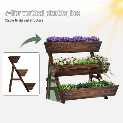 3-Tier Vertical Wooden Raised Garden Bed, Freestanding Garden Planter Box, Wood Flower Rack, Planter Box for Herbs, Vegetables, Outdoor Indoor Use, Large-Brown, Large-Carbonized