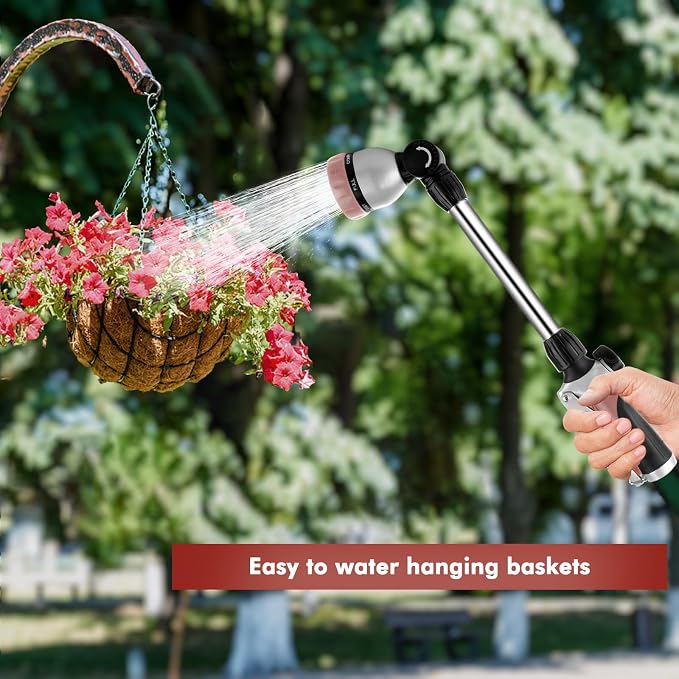 RESTMO Heavy Duty Metal Hose Wand, Watering Wand for Garden Hose | 180° Swivel Ratcheting Head, 16'' Hose Sprayer, 7 Spray Patterns, Flow Control, Ideal for Hanging Baskets & Shrubs, Rose Gold