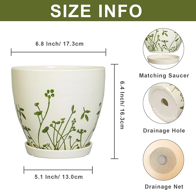 MPotTo Ceramic Plant Pot, 6.8 Inch, White | Indoor Flower Pot, Drainage Hole and Saucer, Decorative Boho Round, Outdoor Indoor Planter