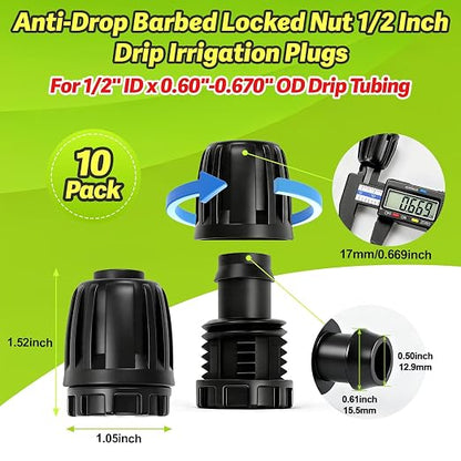 1/2 Inch Drip Irrigation End Plug Fittings, 10 Pieces 1/2'' Drip Line Barbed Locked End Cap Connectors for 1/2 Inch Irrigation Tubing (1/2" ID x 0.670" OD) for Garden Watering System