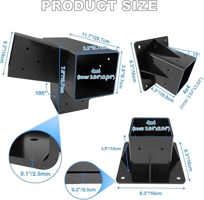 15° Lean Pergola Kit 4x4(Inner 3.64x3.64), 4-Way Slanted Pergola Roof Bracket, Post Base-Angled 4x4 Wood Post Bracket-DIY Gazebo Brackets-Hardware Kit for Outdoor Wood Beam Post Sunroom Carport Cabin