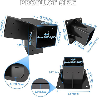 15° Lean Pergola Kit 4x4(Inner 3.64x3.64), 4-Way Slanted Pergola Roof Bracket, Post Base-Angled 4x4 Wood Post Bracket-DIY Gazebo Brackets-Hardware Kit for Outdoor Wood Beam Post Sunroom Carport Cabin